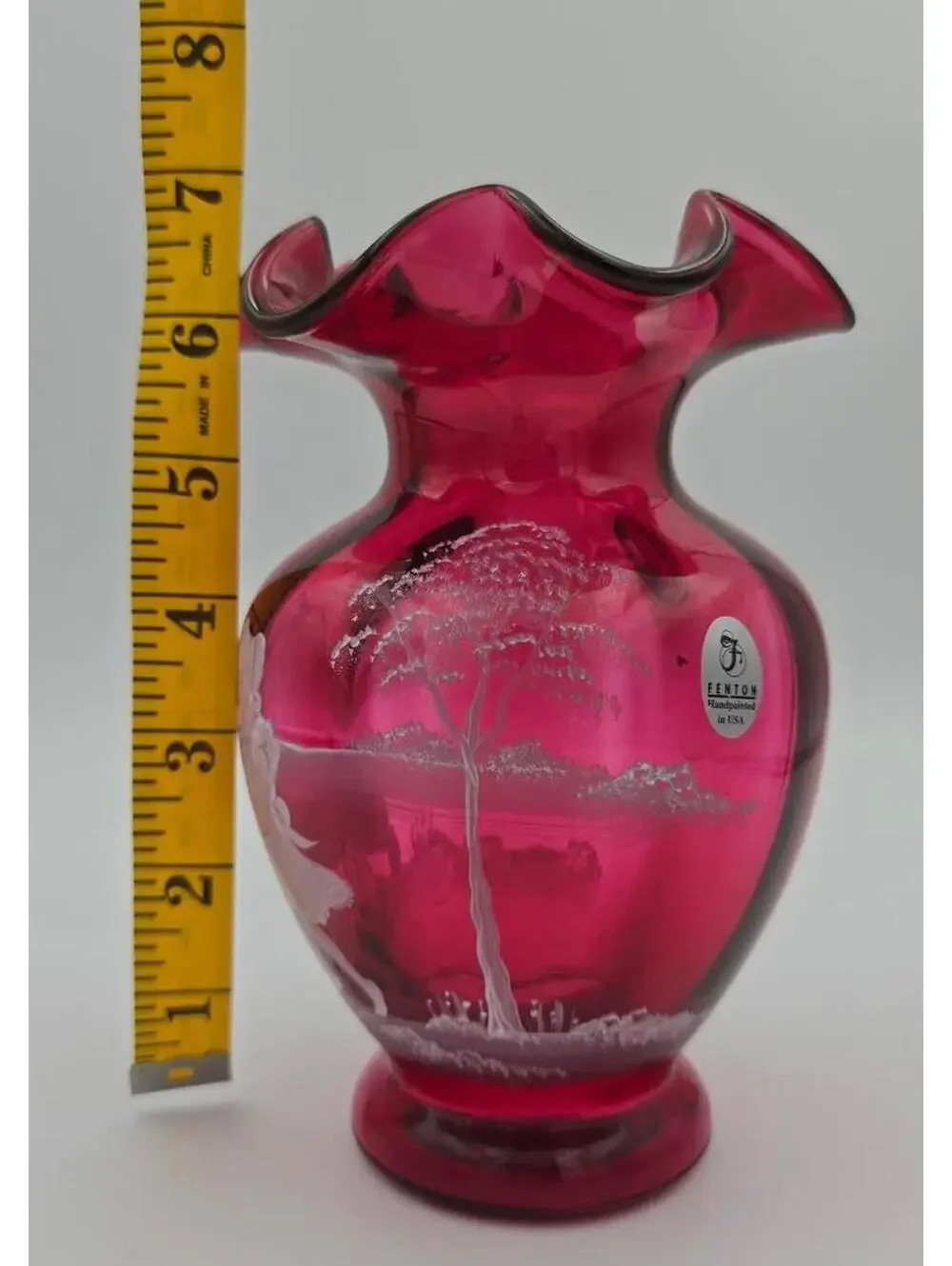 Vintage Fenton Cranberry Mary Gregory Vase Signed LE Girl Scene Original Sticker